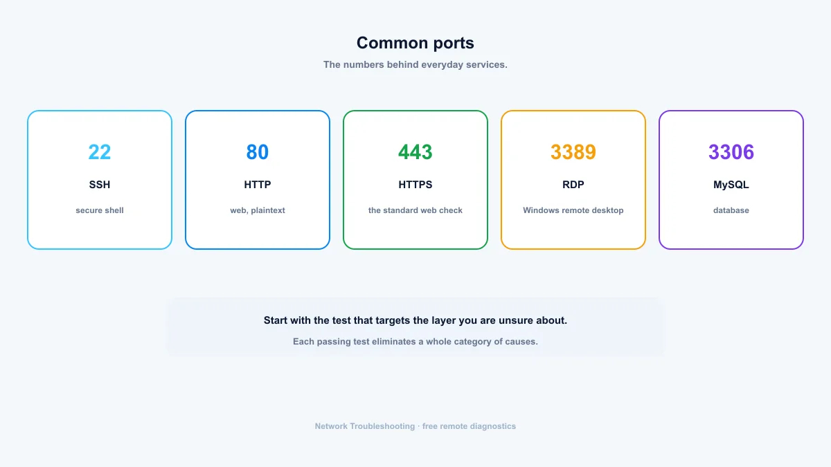 Common TCP ports — 22 SSH, 80 HTTP, 443 HTTPS, 3389 RDP and 3306 MySQL cards