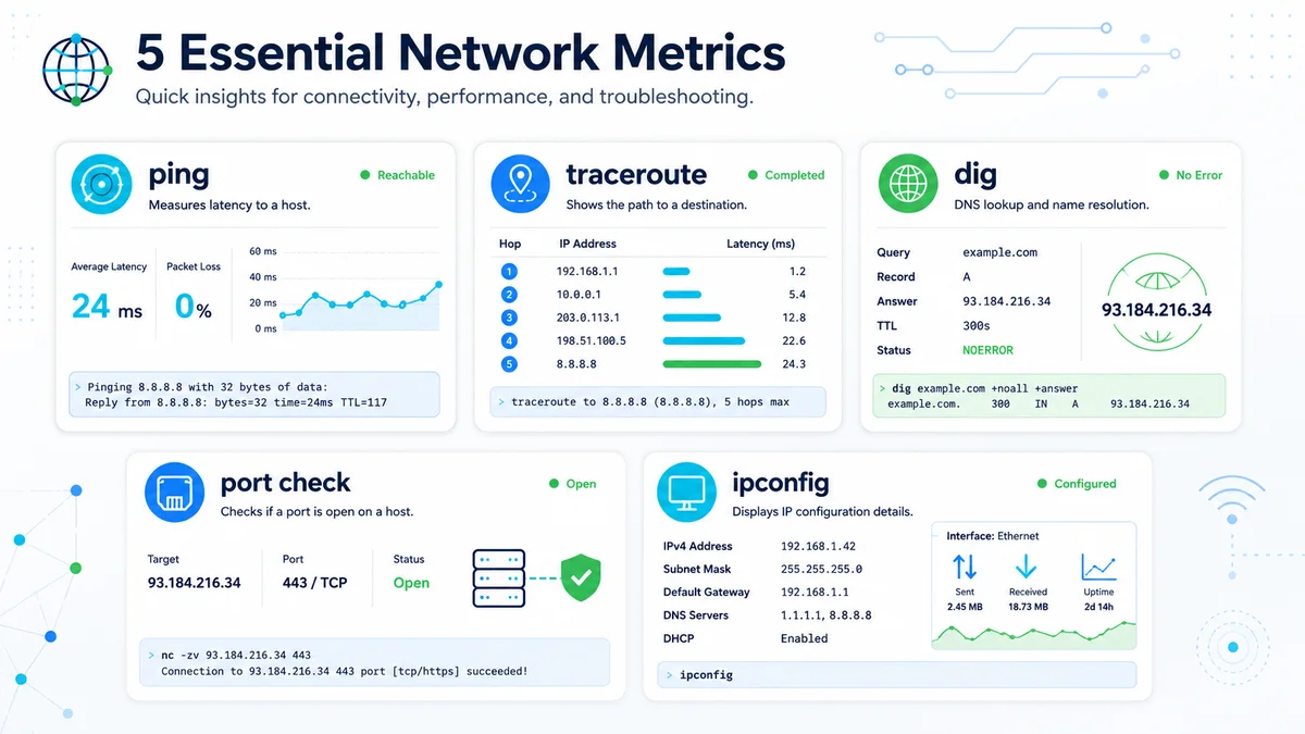 Network troubleshooting tools cheat sheet — ping, traceroute, dig, port check and ipconfig cards