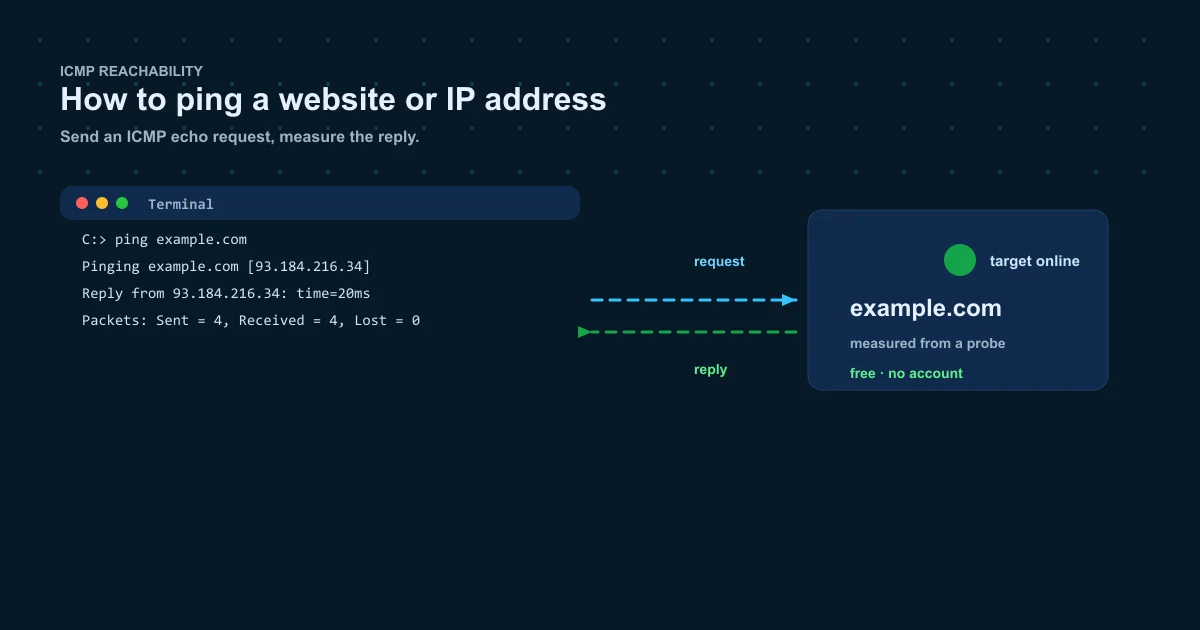 How to ping a website from any device — laptop terminal sending ICMP echo requests to a server across a network map