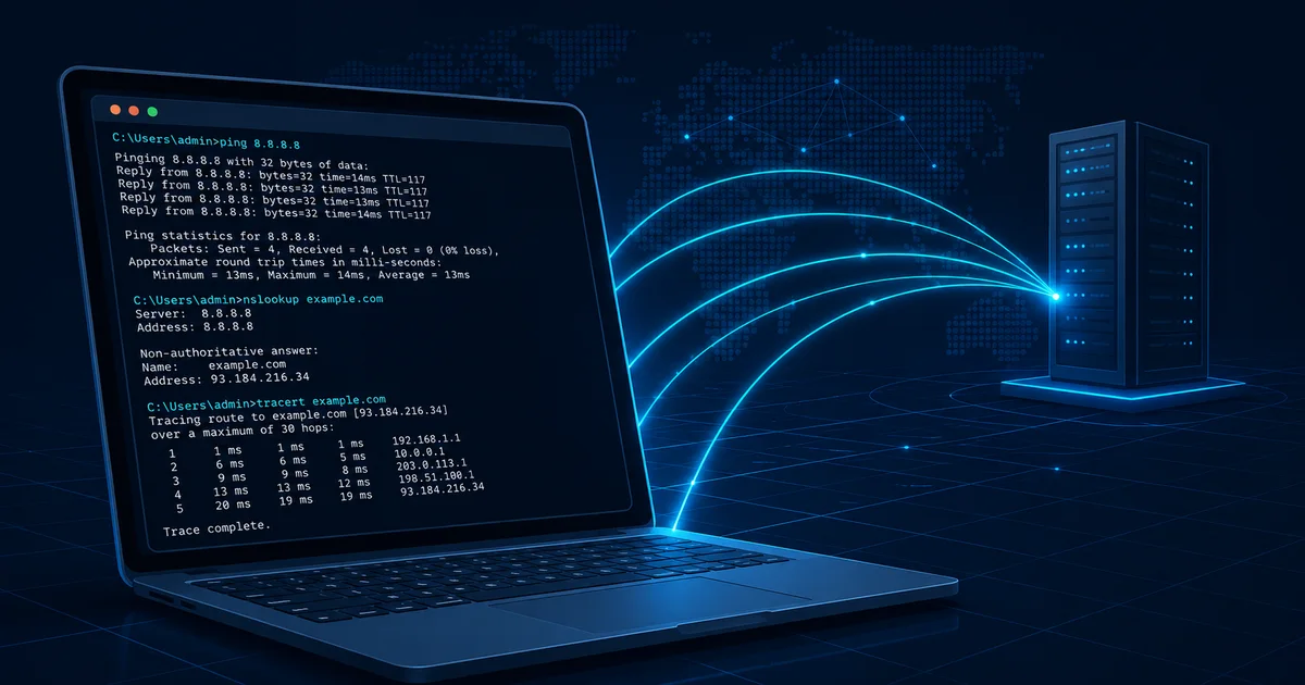 Network troubleshooting tools in 2026 — terminal commands on a dark network diagnostic dashboard