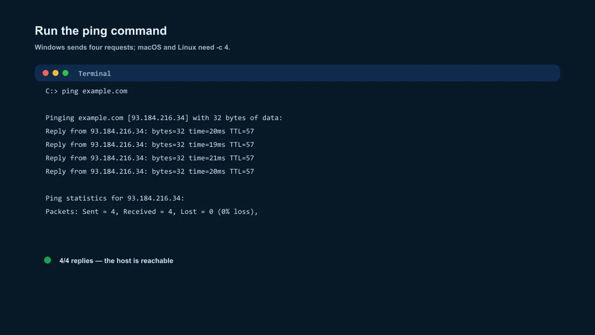 Ping command terminal showing four echo replies from example.com