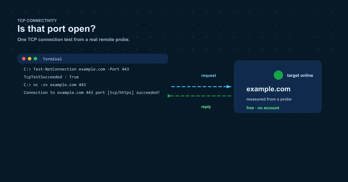 Port checker in 2026 — TCP connection test from a remote probe on a dark navy terminal dashboard