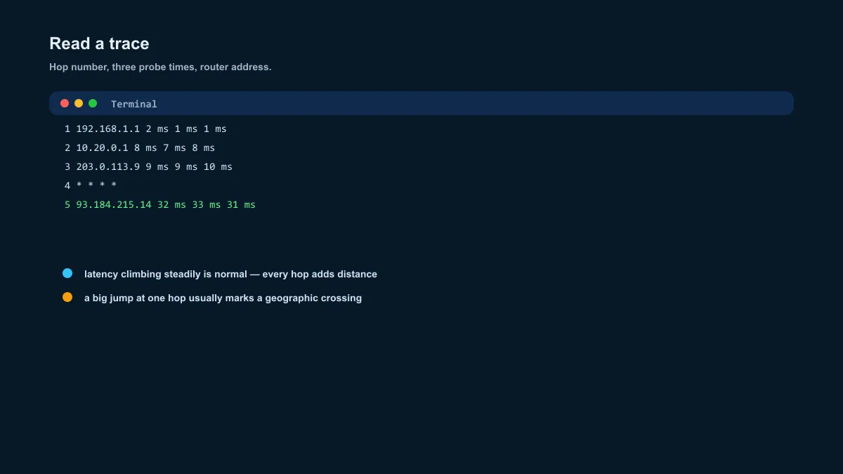 Traceroute output explained — hop number, three probe times and router address per line