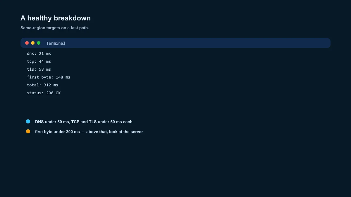 Website speed test output — DNS, TCP, TLS and first byte timings in a terminal